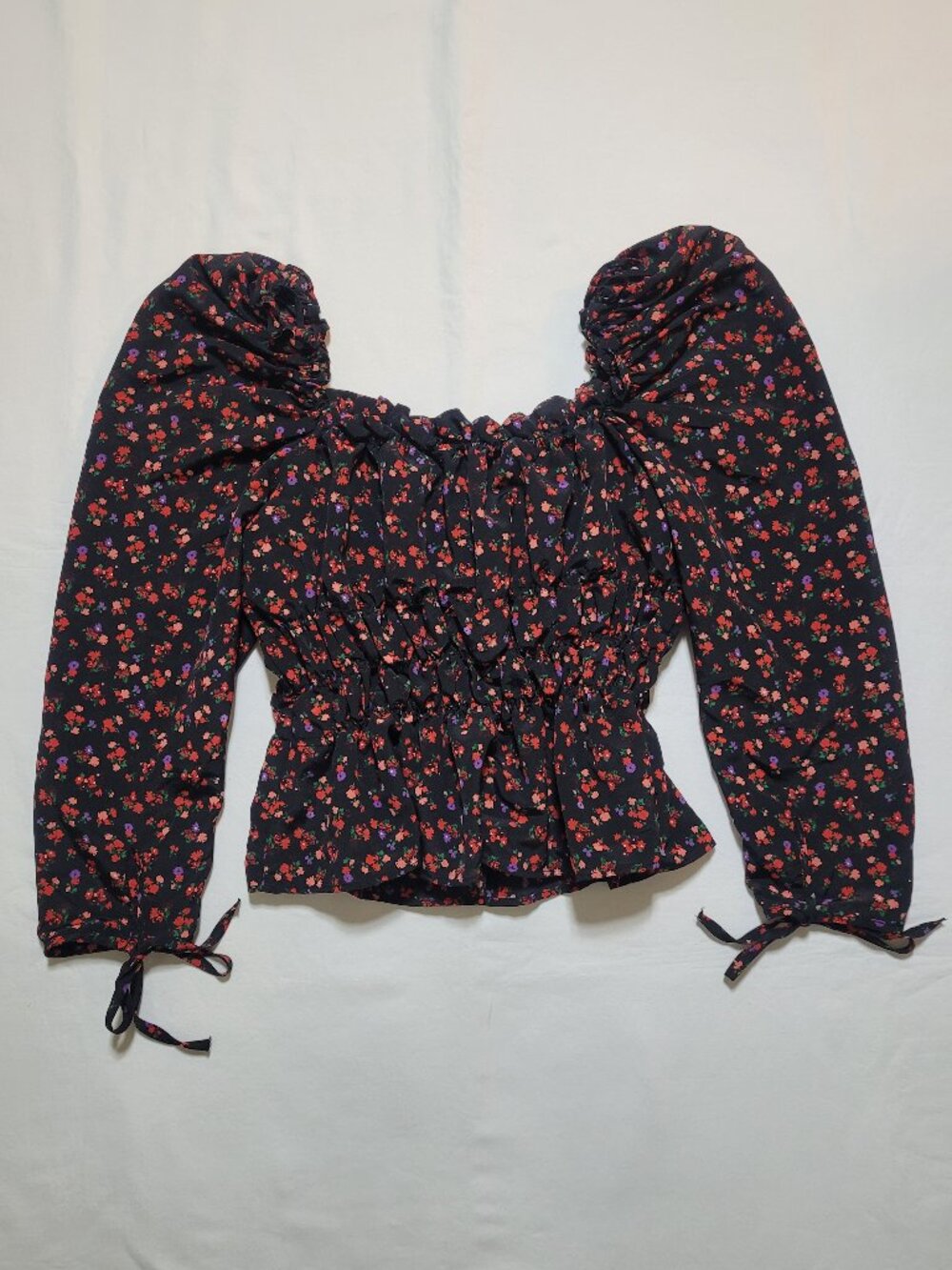 Topshop Floral Puff Sleeve Smocked Crop Blouse Top Peplum Square Neck Black - Picture 3 of 10